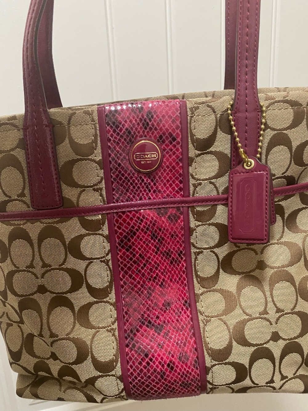 Coach Signature Stripe Python Print Color Raspberry F25706 Bag